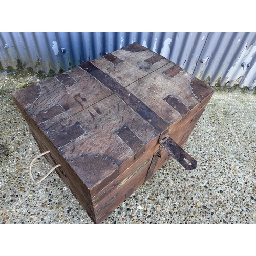 21 - An iron bound oak silver chest with brass plaque 'Col Edward Foreman'