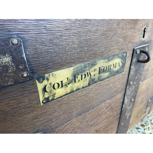 21 - An iron bound oak silver chest with brass plaque 'Col Edward Foreman'