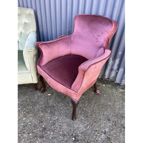 243 - An Edwardian green upholstered buttoned bedroom chair together with pink chair