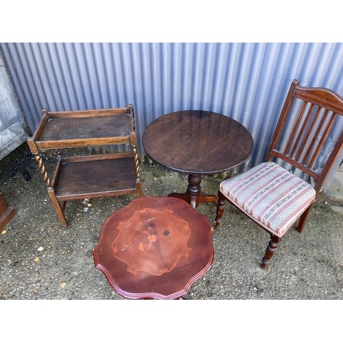 244 - Two mahogany occasional tables, oak trolley and a mahogany chair