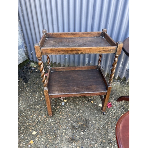 244 - Two mahogany occasional tables, oak trolley and a mahogany chair