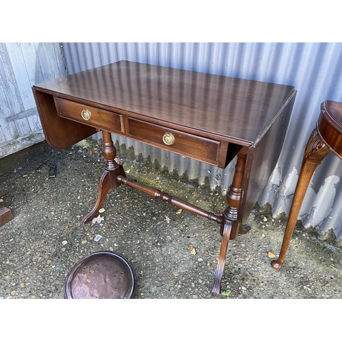 248 - A reproduction sofa table, hall table and a copper warming pan