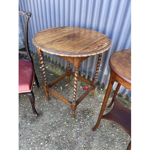 249 - An oak barley twist occasional table, circular mahogany table, salon chair and a bentwood chair