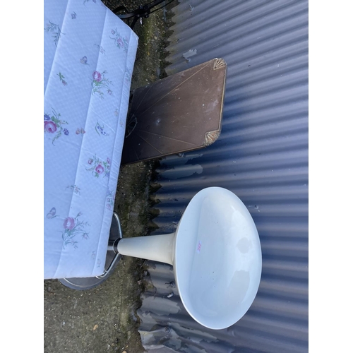 250 - A modern bar stool, loom blanket box, brass fire guard and iron standard lamp