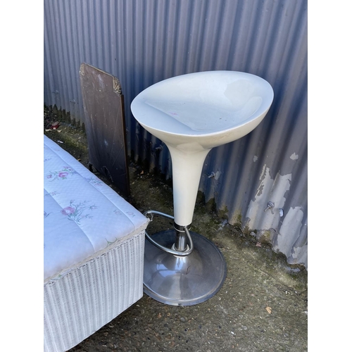 250 - A modern bar stool, loom blanket box, brass fire guard and iron standard lamp