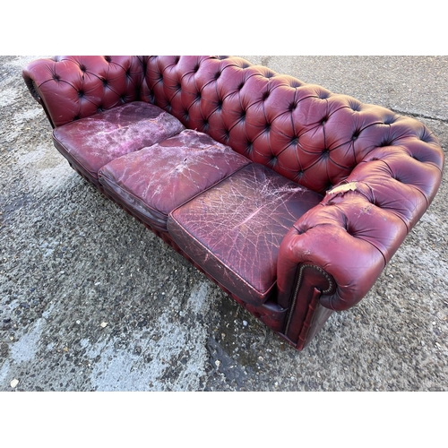 257 - An oxblood red leather chesterfield sofa for reupholstery