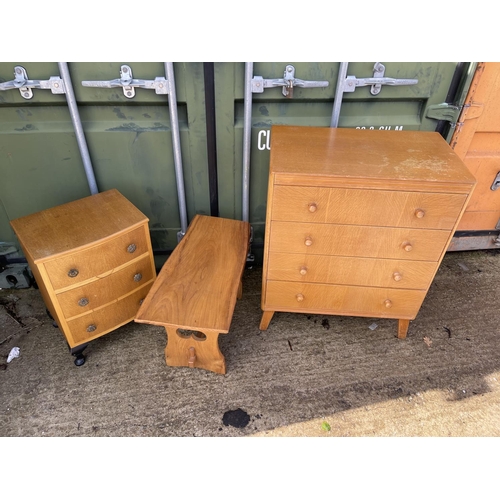 318 - Two retro light oak chests of drawers and a coffee table