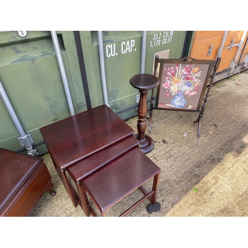 319 - A nest of three tables, plant stand, oak fire screen and a mahogany box