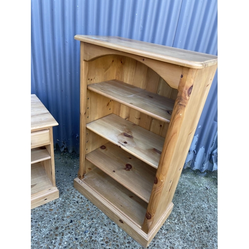 32 - An open fronted pine bookcase together with a pine two drawer shelf unit