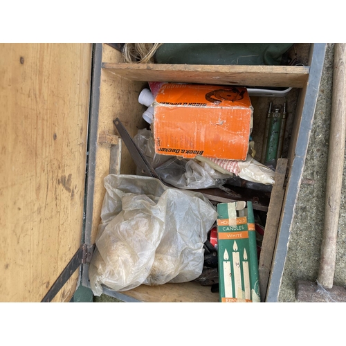 326 - Vintage grey tool box together with sledge hammer and shears