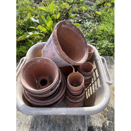 329 - Basket of Terracotta pots, chimney top and two galvanised buckets