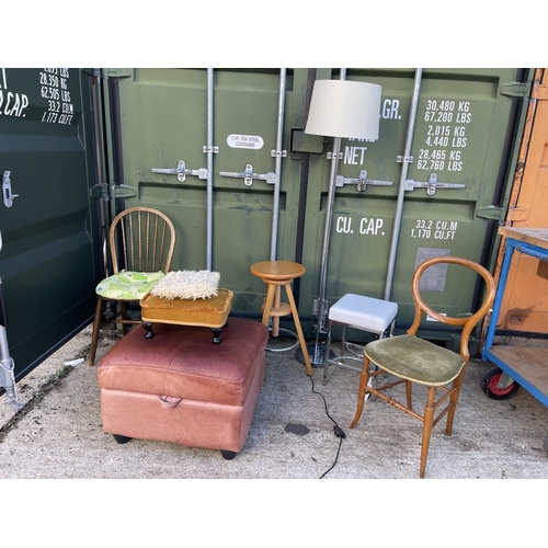 348 - Stick back chair,  a loon back chair, art stool, two poofs, chrome lamp and chrome stool