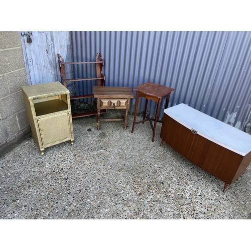 4 - Oak bedside, gold bedside, wall rack, mahogany table and a retro blanket box