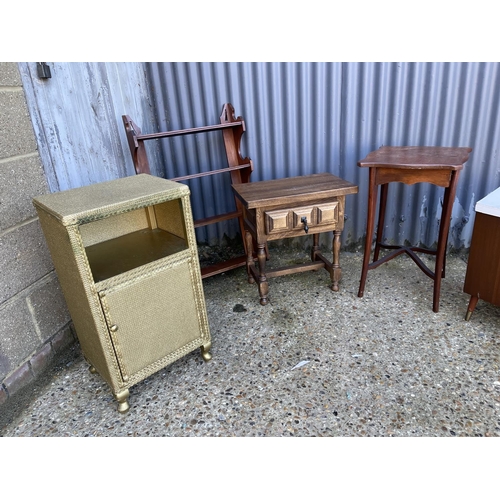 4 - Oak bedside, gold bedside, wall rack, mahogany table and a retro blanket box