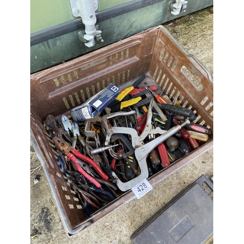 428 - A tray of assorted pliers, five tap and die sets, drill attachment and other fittings