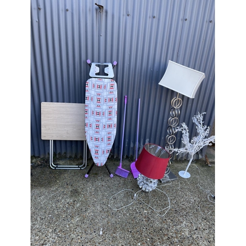 43 - Two modern lamps, decoration, ironing board, folding table and brushes