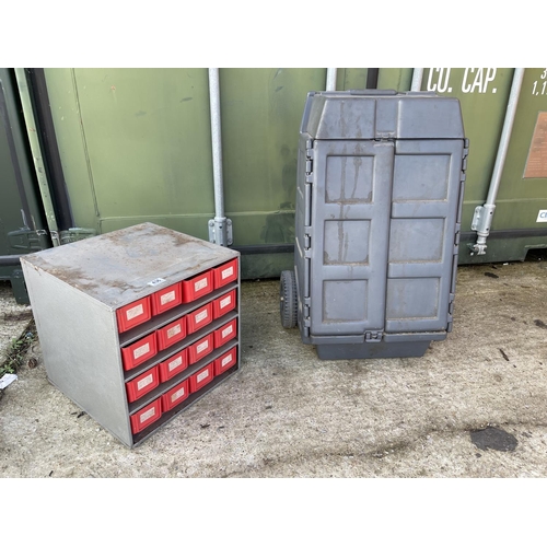 436 - A grey plastic trolley tool box together with a metal parts bank of drawers