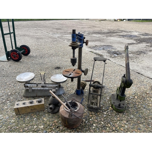 469 - Scales, brass weights, glue pot, 2 drill stands and a vintage foot pump