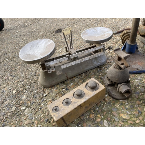 469 - Scales, brass weights, glue pot, 2 drill stands and a vintage foot pump