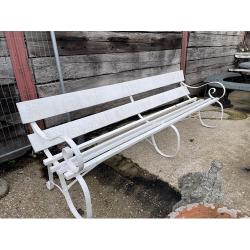 476 - A long white painted iron framed park bench 214cm