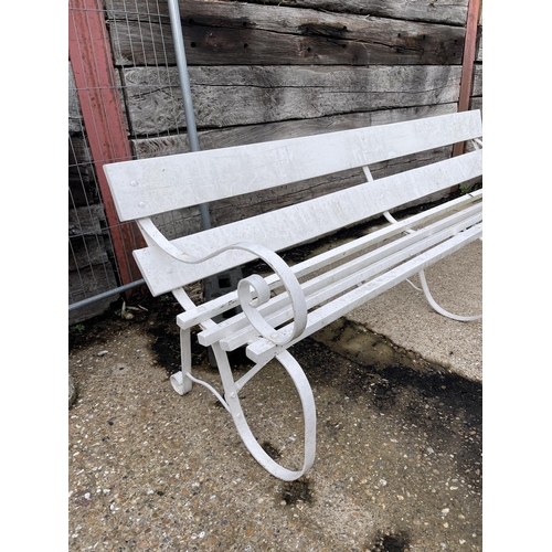 476 - A long white painted iron framed park bench 214cm