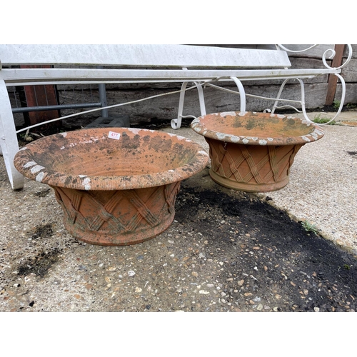 477 - A pairmof circular terracotta lattice planters