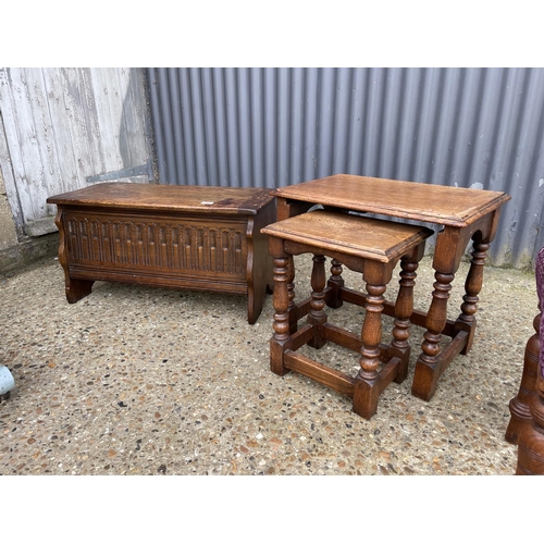 90 - An oak blanket box, nest of two, purple stool and a blue upholstered bedroom chair