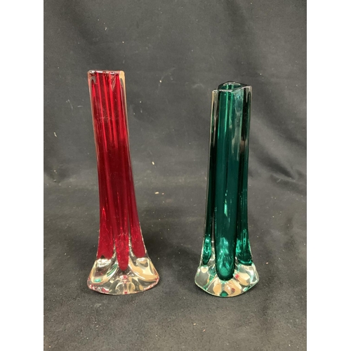 1023 - Two 60's coloured glass vases height 25 cms