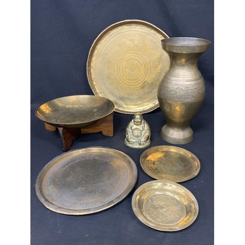 526 - Collection of Indian brassware (tray 43 cms diameter)