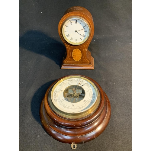 572 - Edwardian Mahogany Balloon clock height 22 cms, and android barometer