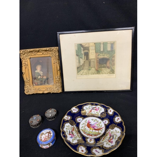 579 - Antique enamel patch box a/f, porcelain bird plate, two trinket boxes, etching and Bubbles Print