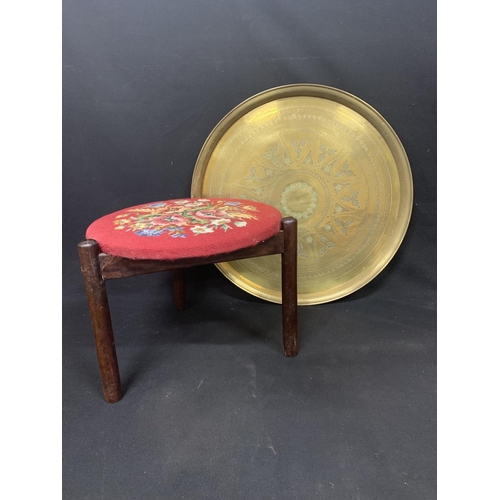 582 - Rosewood stool height 31 cms, Indian brass tray diameter 58 cms and wooden stand