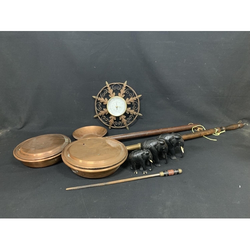 593 - Two Copper warming pans, barometer, three elephants and poker