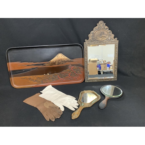 682 - Vintage Brass Decorative mirror & 2 vintage hand held mirrors & vintage gloves & vintage large papie... 