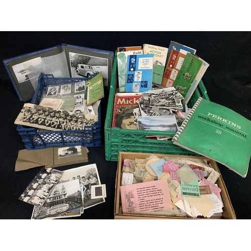 685 - One large and one small crate of Ephemera, vintage football team photos, postcards, cricket books, b... 