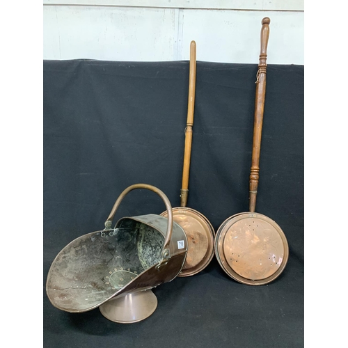 718 - Two Copper warming pans and coal scuttle