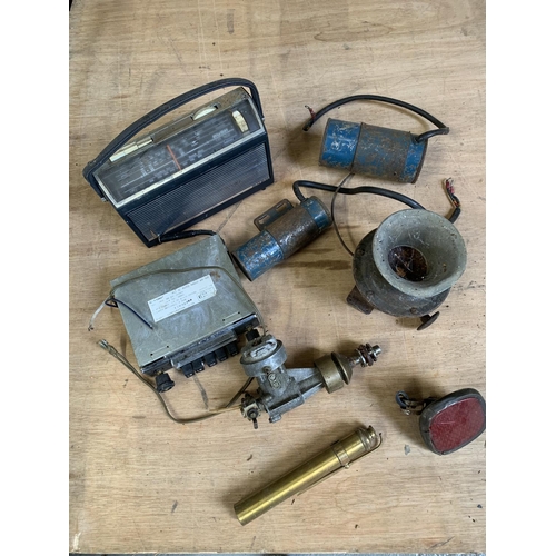 736 - Model engine, claxon, brass torch and two radios