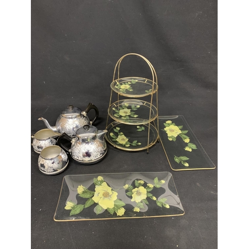 785 - Vintage cake stand and sandwich platters and Swan tea set