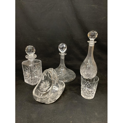 786 - Three cut glass Decanters, large tumbler and basket