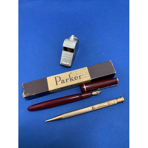 869 - Parker Fountain Pen, Yard-O-Led Rolled Gold propelling pencil and Acme Thunderer whistle