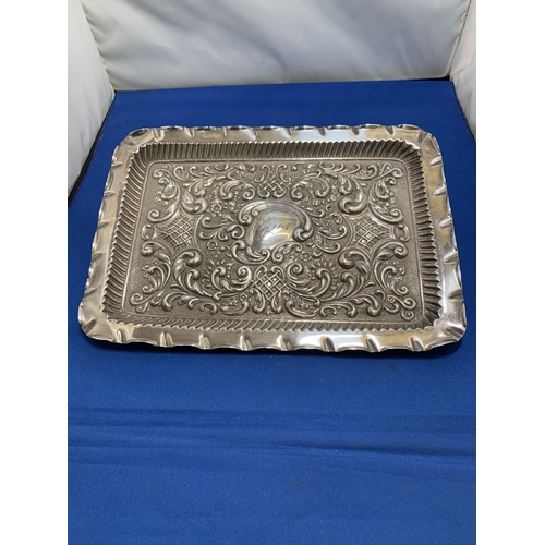 873 - Hallmarked Silver embossed dressing table tray engraved Chris, 27.5 x 19.5 cms, weight 8.7 ozt