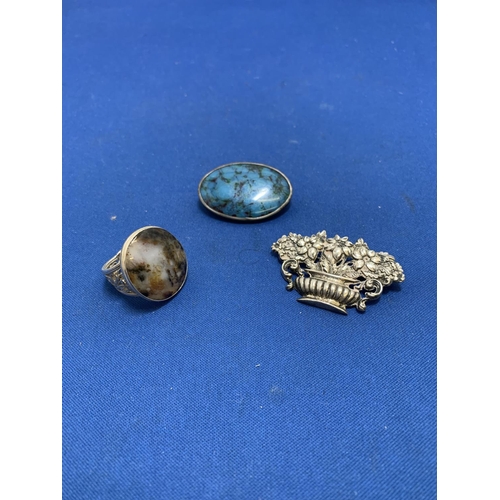 877 - White Metal Brooch & large stone ring plus Blue stone Brooch