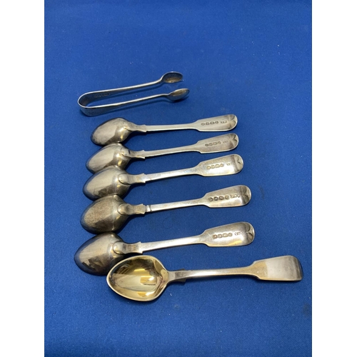 879 - Six Hallmarked Silver teaspoons and pair of Hallmarked Silver tongs, total weight 4.35 ozt