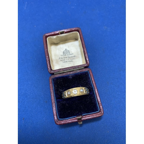 887 - J W Benson, Hallmarked 18ct Gold Diamond and Pearl Ring, size O, weight 3.9 gms in original red leat... 