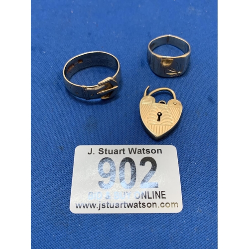 902 - Two 9ct Gold Rings and 9ct Gold heart shaped padlock Locket, 13.9 gms