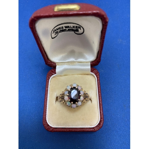 908 - Victorian style 9ct Gold Garnet and Pearl Ring, size Q, 4.3 gms