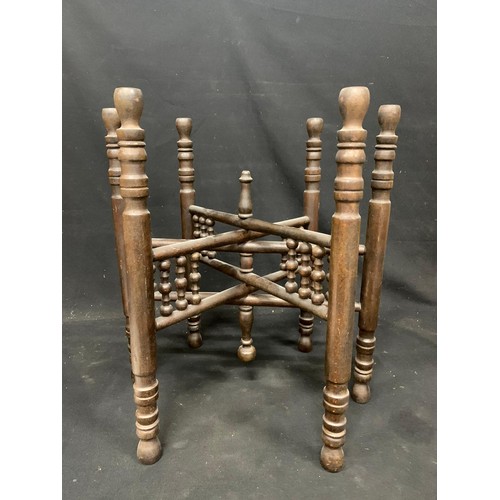 582 - Rosewood stool height 31 cms, Indian brass tray diameter 58 cms and wooden stand