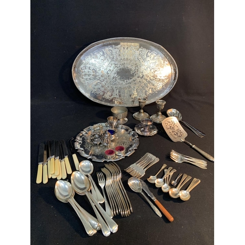 1023 - Silver plated gallery tray, plated ware and cutlery