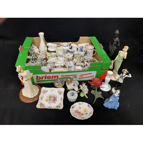 1028 - Tray of good quality decorative china including Worcester Jugs, and Lady figures (2)