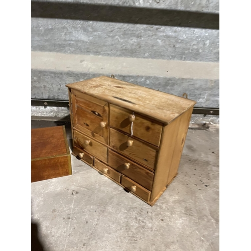 130 - Small pine bank of drawers and a mahogany gun box